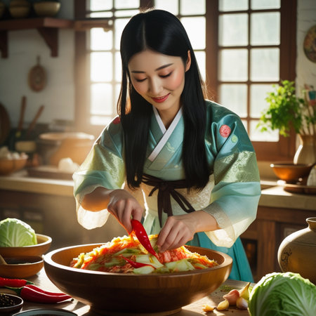 Asian woman in kimono cooking japanese kimchiの素材