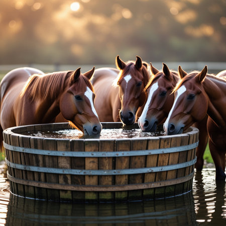 Horses drinking water from a barrel in a meadow at sunsetの素材