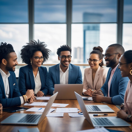 Group of multiethnic business people working together on laptop computer in modern officeの素材
