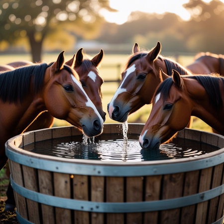 Horses drinking water from a barrel in a paddock at sunsetの素材