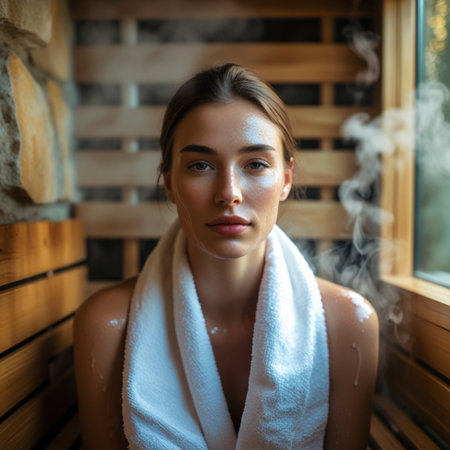 Beautiful young woman relaxing in a sauna. She is wrapped in a white towel.の素材