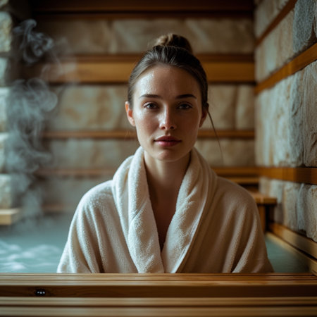 Young woman relaxing in sauna. She is wearing a bathrobe.の素材