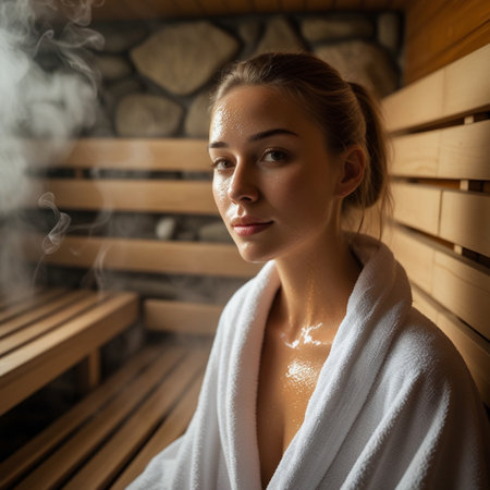 Beautiful young woman relaxing in sauna and enjoying the aroma of steamの素材