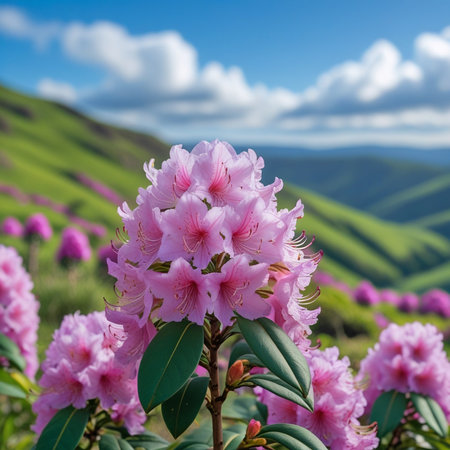 Rhododendron flowers on the background of mountains and blue skyの素材