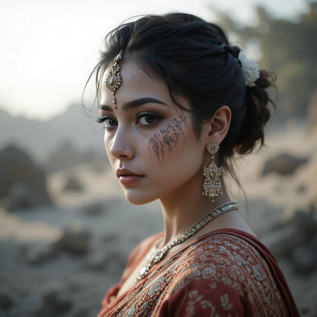 beautiful Indian girl in sari and earrings on sandの素材