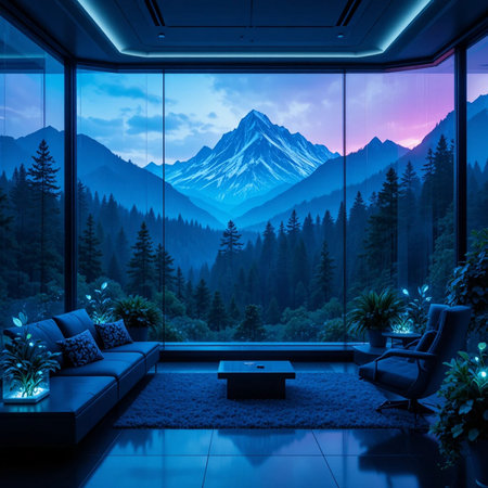 3d render of modern living room interior with mountain view and blue skyの素材