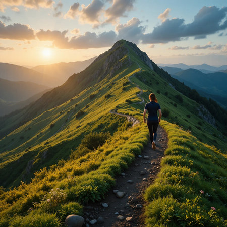 Hiking in the Carpathian mountains at sunset. Beautiful summer landscape.の素材
