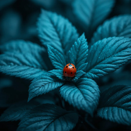 ladybug on green leaves, macro photo with shallow depth of fieldの素材