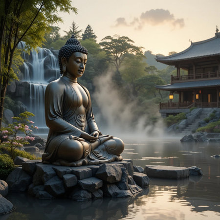 Buddha statue in front of a waterfall in the garden.の素材