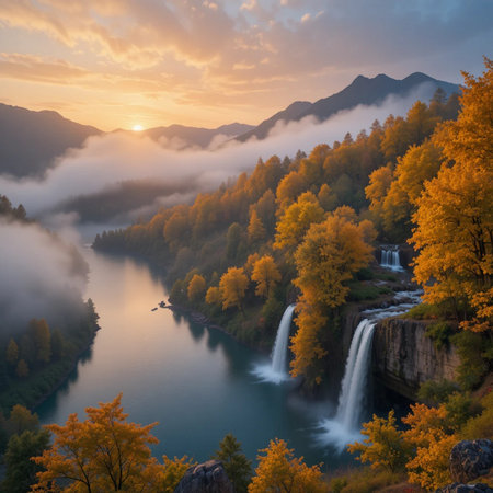 Foggy autumn landscape with waterfalls and colorful forest at sunsetの素材