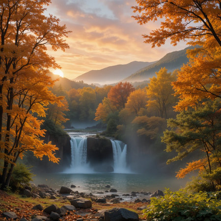 Waterfall in autumn forest at sunset. Beautiful nature landscape with waterfallの素材