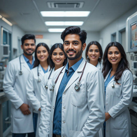 Portrait of a group of smiling medical doctors standing in hospital corridorの素材