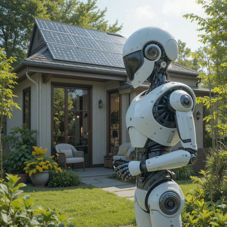 Robot in front of a modern home with solar panels on the roofの素材