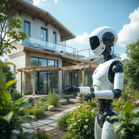 Robot in the garden. Artificial intelligence. The concept of artificial intelligence.の素材