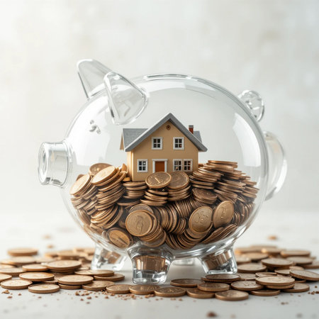 House in a glass piggy bank with coins on a white backgroundの素材
