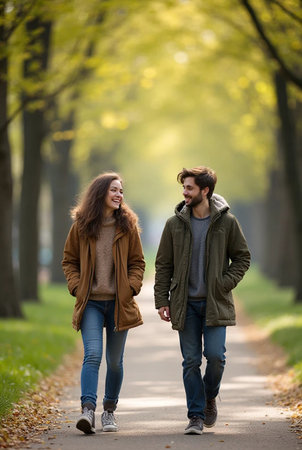 Young couple in love walking in a park on a sunny autumn dayの素材