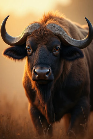 Close-up portrait of a buffalo in the field at sunset.の素材