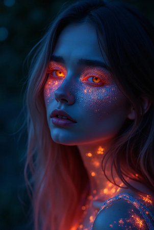 Beautiful girl with bright make-up and red sparkles.の素材