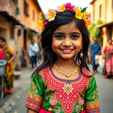 Indian girl in traditional dress with flowers on her head in the streets of Hariyali.の素材