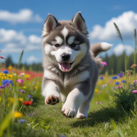 Cute siberian husky puppy running in flower meadowの素材