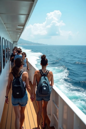 Back view of a group of young people walking on a cruise shipの素材