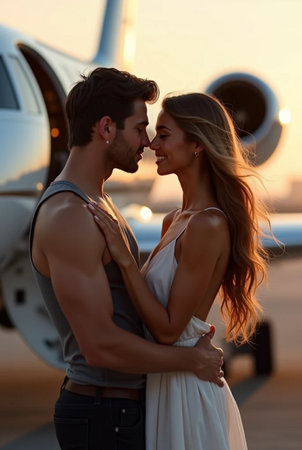Romantic couple embracing and looking at each other in front of airplaneの素材