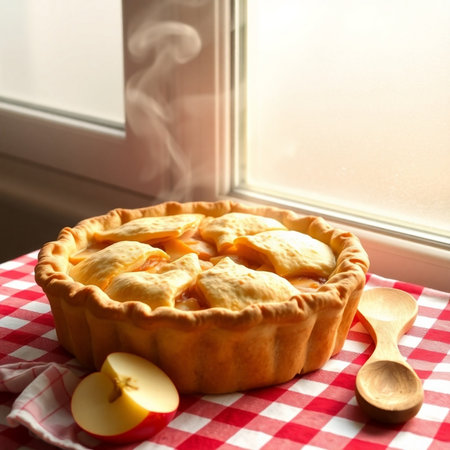 Homemade apple pie with a wooden spoon on a checkered tablecloth near the windowの素材