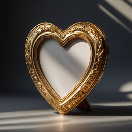 Golden heart-shaped picture frame on a dark background. 3d renderingの素材