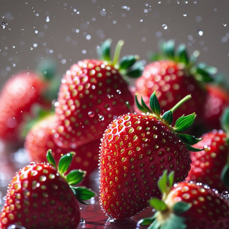 Fresh strawberries with water drops on a dark background. Selective focus.の素材