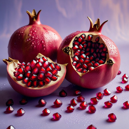 Ripe pomegranate fruit with water drops on purple backgroundの素材