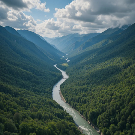 Aerial view of the river in the mountains. Summer landscape.の素材