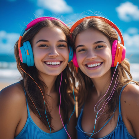 Portrait of two happy young women in headphones listening to music on the beachの素材
