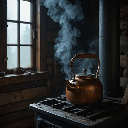 Old copper kettle on the stove in the country house. Dark background.の素材