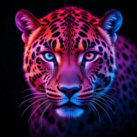 Portrait of a leopard on a black background. Digital painting.の素材