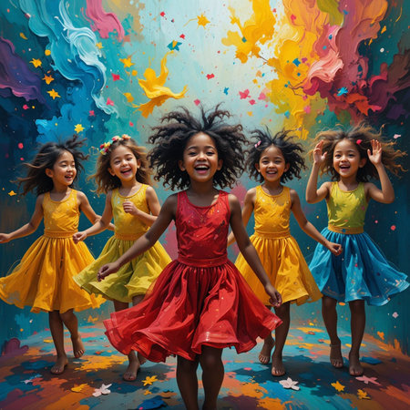 Group of happy little girls in colorful dresses jumping on colorful background.の素材