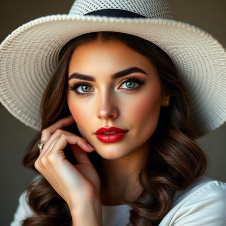 Portrait of a beautiful young woman with evening make-up and stylish hat.の素材