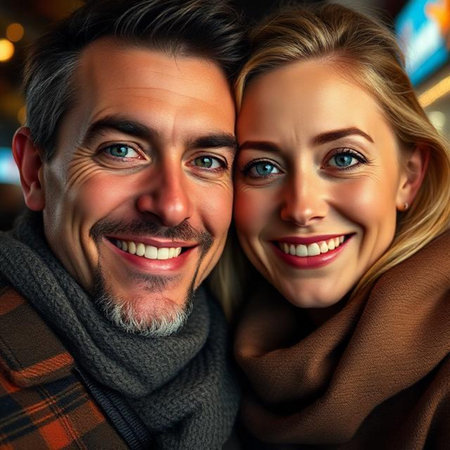 Portrait of happy senior couple in love at night. Smiling man and woman.の素材