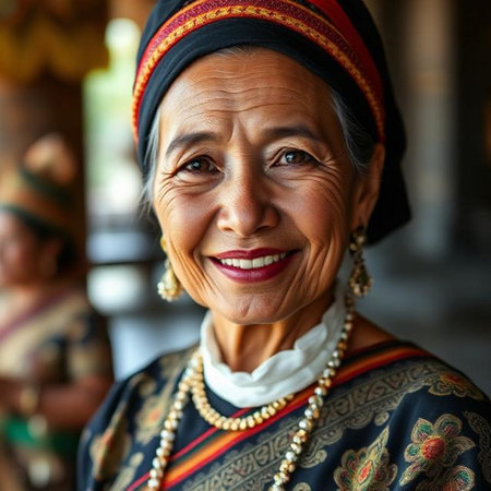 Portrait of a smiling senior woman in traditional clothes from Myanmar.の素材