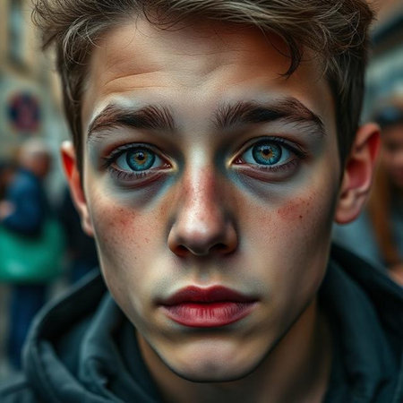 Portrait of a young man with blue eyes in the city.の素材