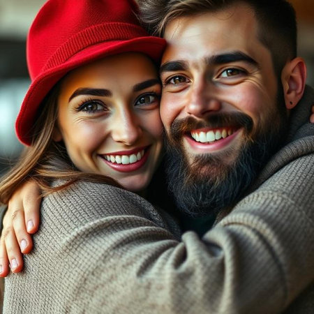 Close up portrait of a happy young couple embracing each other on the streetの素材
