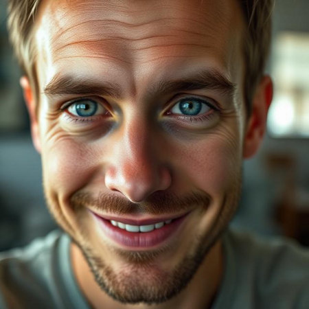 Close-up portrait of young man with blue eyes looking at cameraの素材