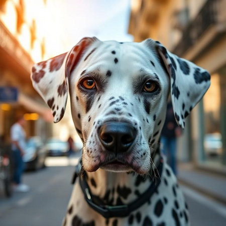 Dalmatian dog portrait in the city. Beautiful dog portraitの素材