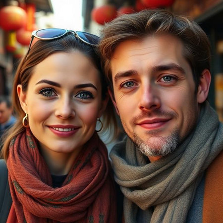 Portrait of a beautiful couple on the streets of Paris, France.の素材
