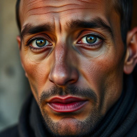 Close-up portrait of a man with green eyes and black scarfの素材