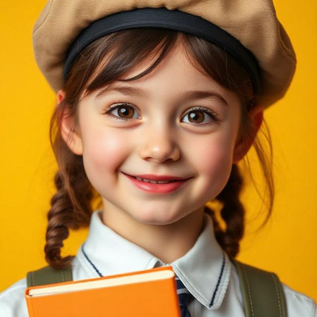 Portrait of a cute little schoolgirl in beret and backpack holding book on yellow backgroundの素材