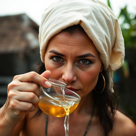 Portrait of a beautiful young woman with a towel on her head drinking tea.の素材