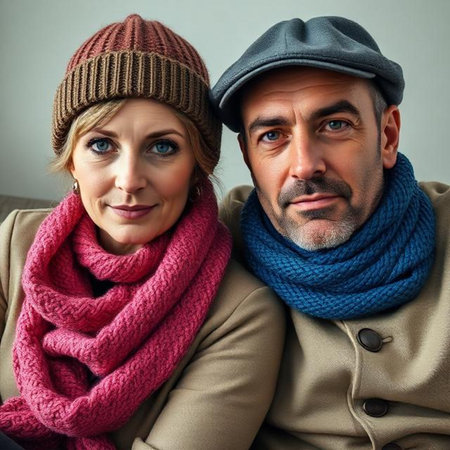 Portrait of happy mature couple in winter clothes looking at camera.の素材
