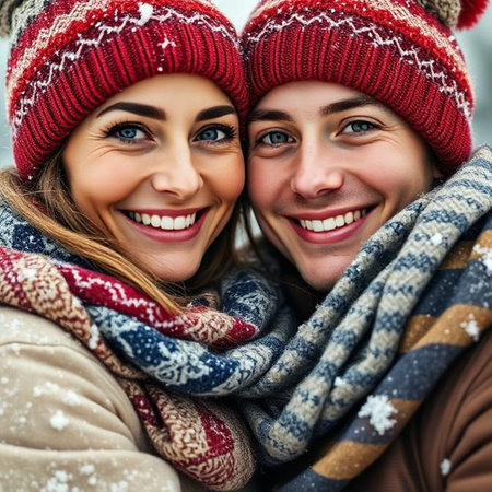 Close up portrait of a happy young couple in winter clothes having fun outdoorsの素材