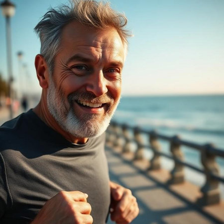 Portrait of smiling senior man running at seaside promenadeの素材