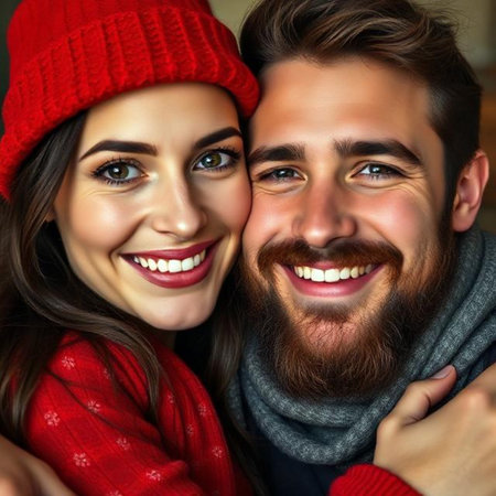 Closeup portrait of a happy young couple in red hats and scarvesの素材